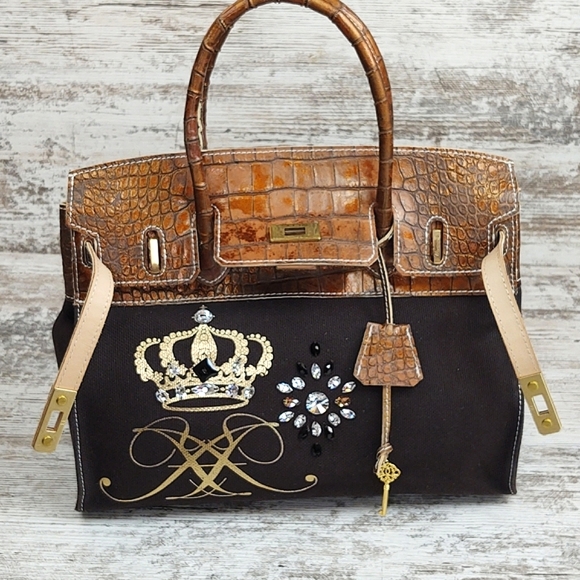 🟧Accessoires De Mademoiselle Cova Leather Croc & Canvas Bag - Picture 11 of 16